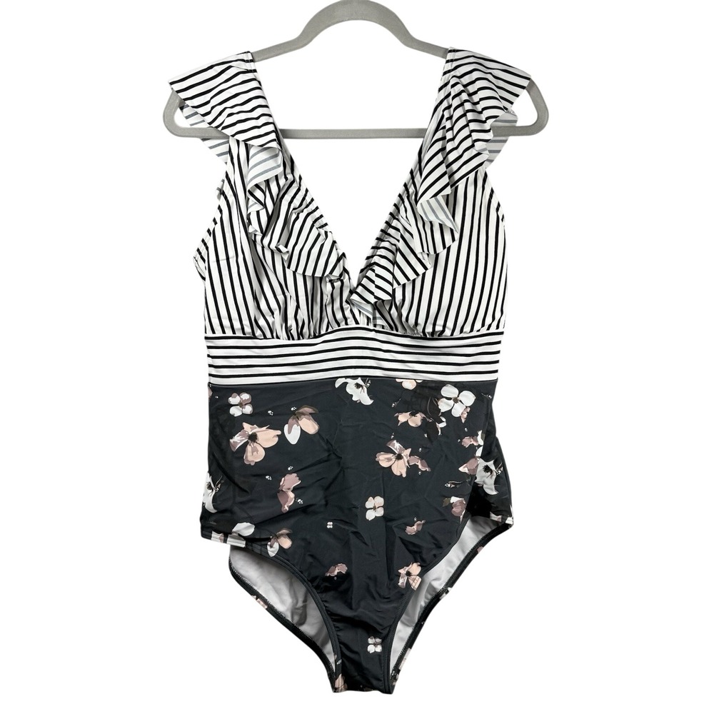 COCOSHIP One‎ Piece Swimsuit Women Sz 14 Floral Black Stripe Bathing Ruffled NWT